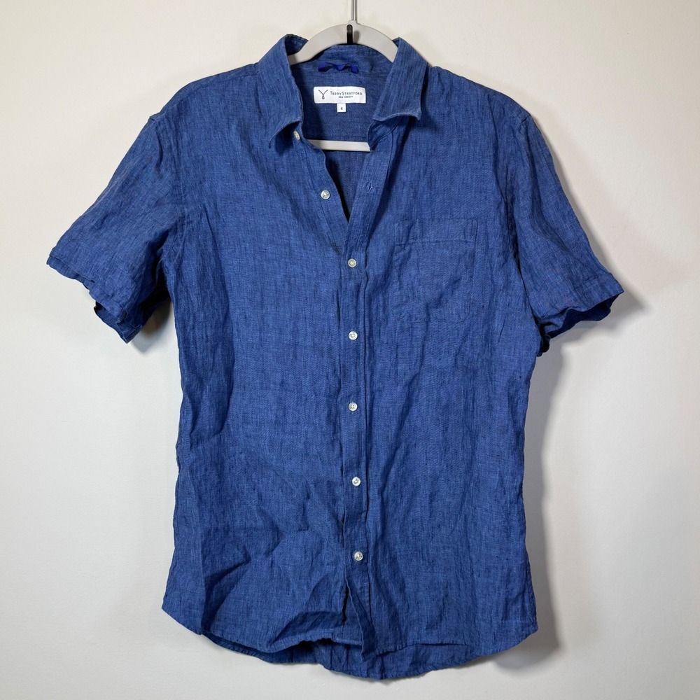 Teddy Stratford Linen Button Down Mens 4 Large  Blue Zip Front Short Sleeve Zip